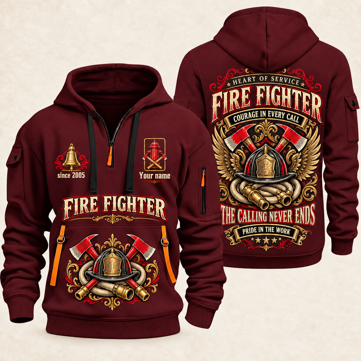 Fire Fighter Heart of Service quarter-zip hoodie in Wine Red, front and back, Your name and since 2005 artwork