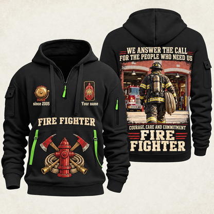 Fire Fighter Why We Serve quarter-zip hoodie in Black, front and back, Your name and since 2005 artwork