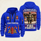 Fire Fighter Why We Serve quarter-zip hoodie in Blue, front and back, Your name and since 2005 artwork