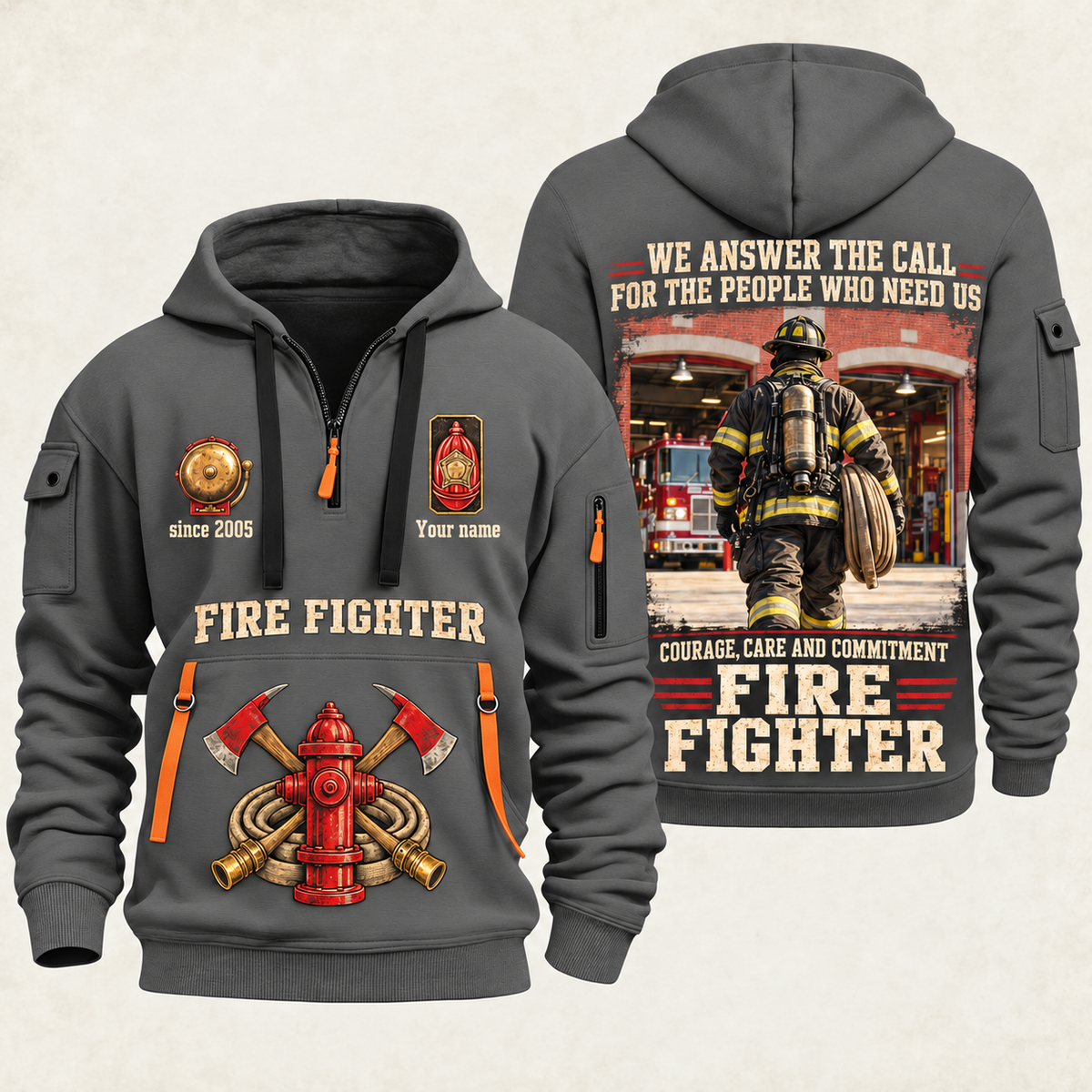 Fire Fighter Why We Serve quarter-zip hoodie in Gray, front and back, Your name and since 2005 artwork