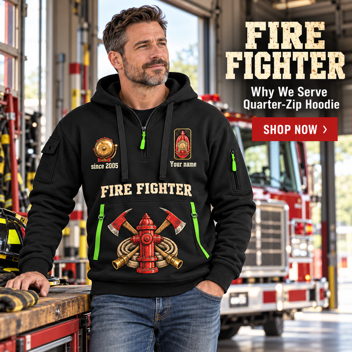 Fire Fighter wearing Why We Serve quarter-zip hoodie in their workplace; product introduction and shopping call to action