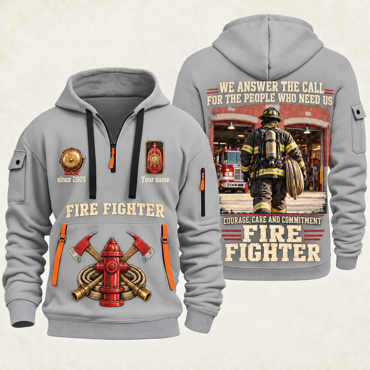 Fire Fighter Why We Serve quarter-zip hoodie in Light Grey, front and back, Your name and since 2005 artwork