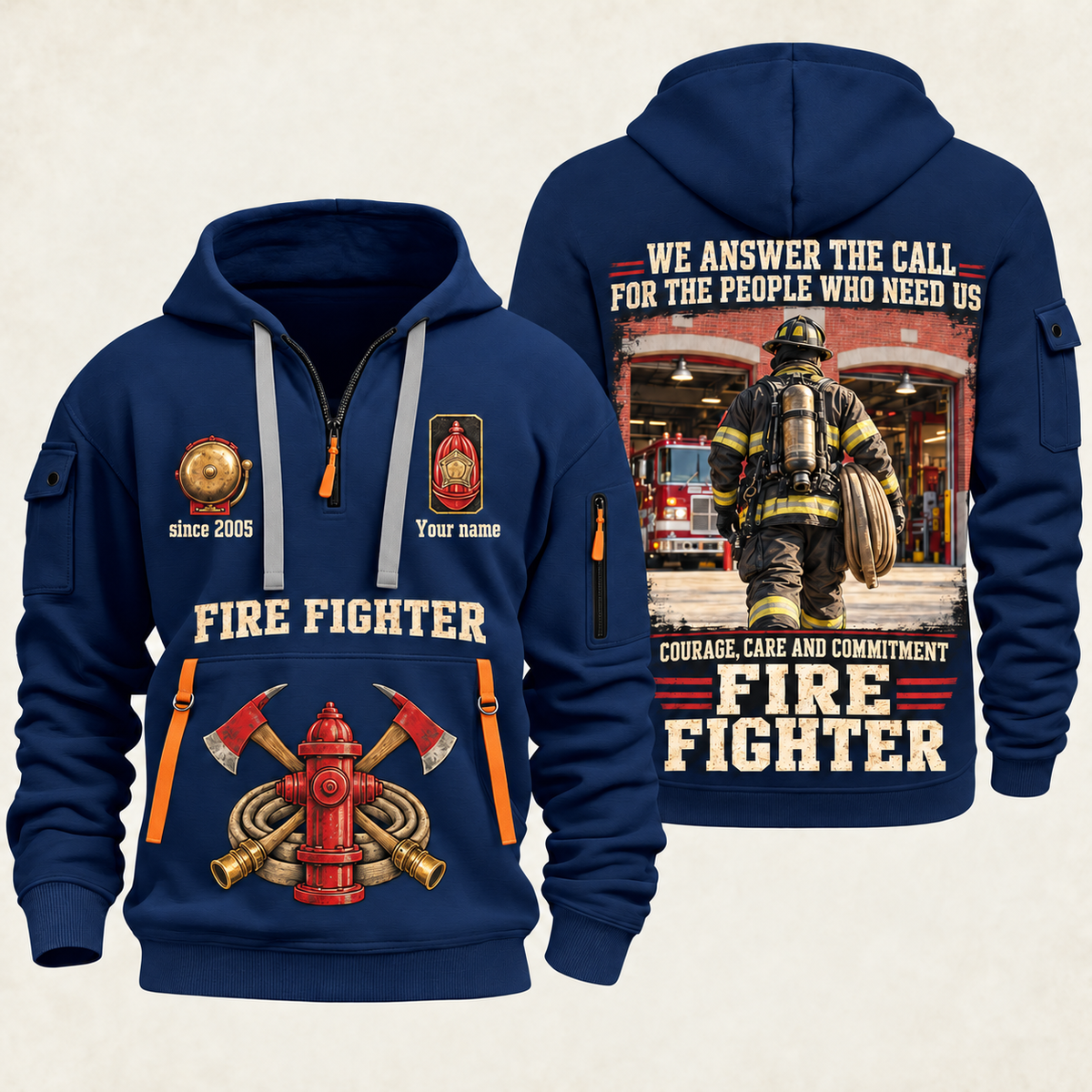 Fire Fighter Why We Serve quarter-zip hoodie in Navy, front and back, Your name and since 2005 artwork