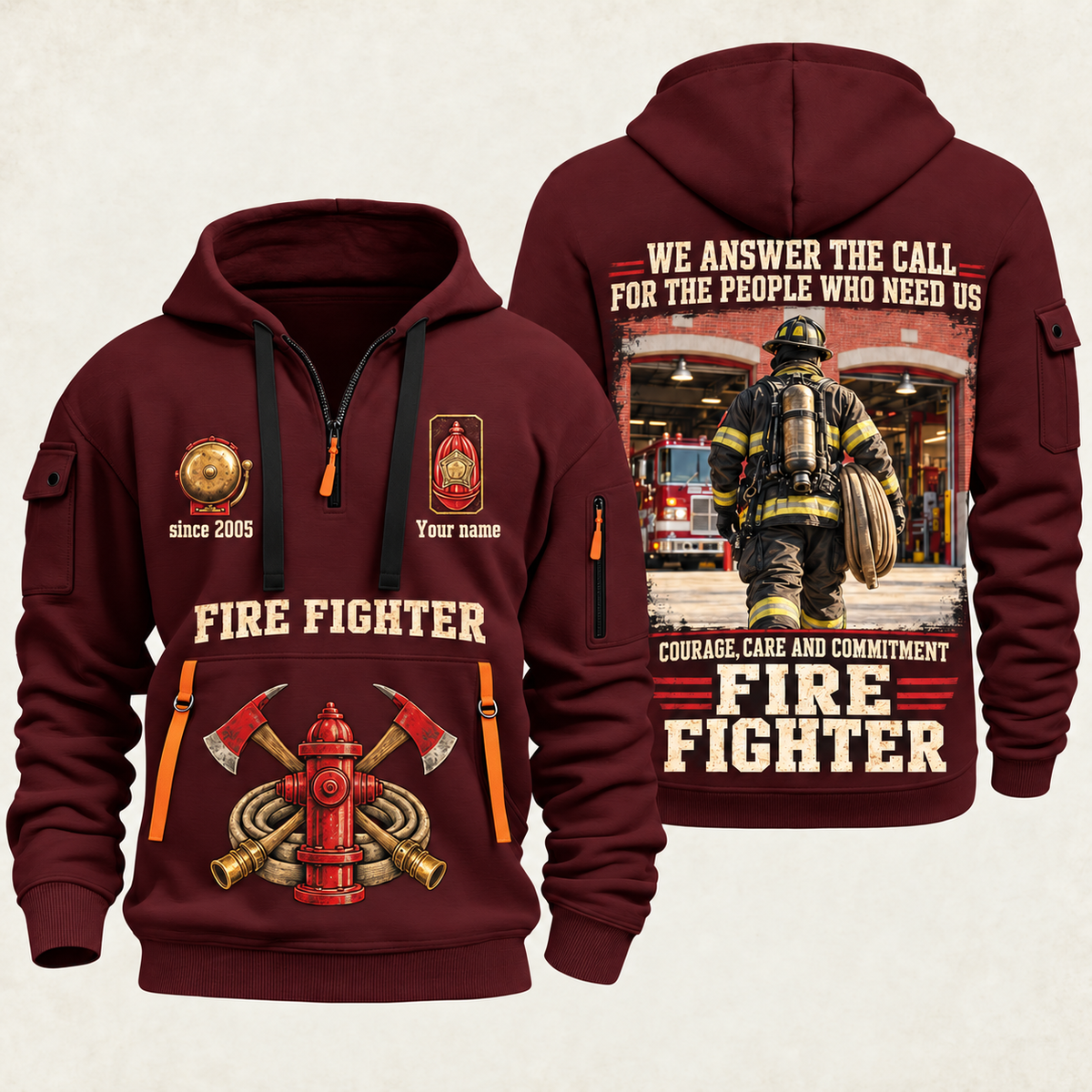 Fire Fighter Why We Serve quarter-zip hoodie in Wine Red, front and back, Your name and since 2005 artwork