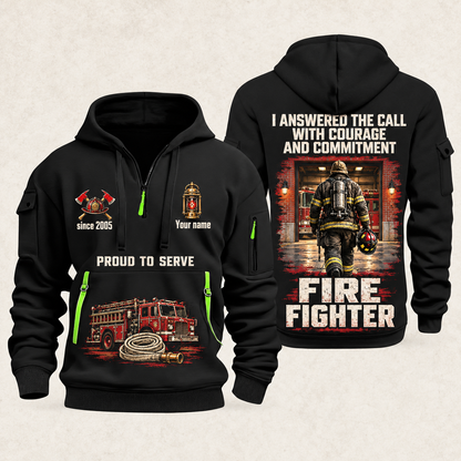 Fire Fighter Walked the Station Floor quarter-zip hoodie in Black, front and back, Your name and since 2005 artwork
