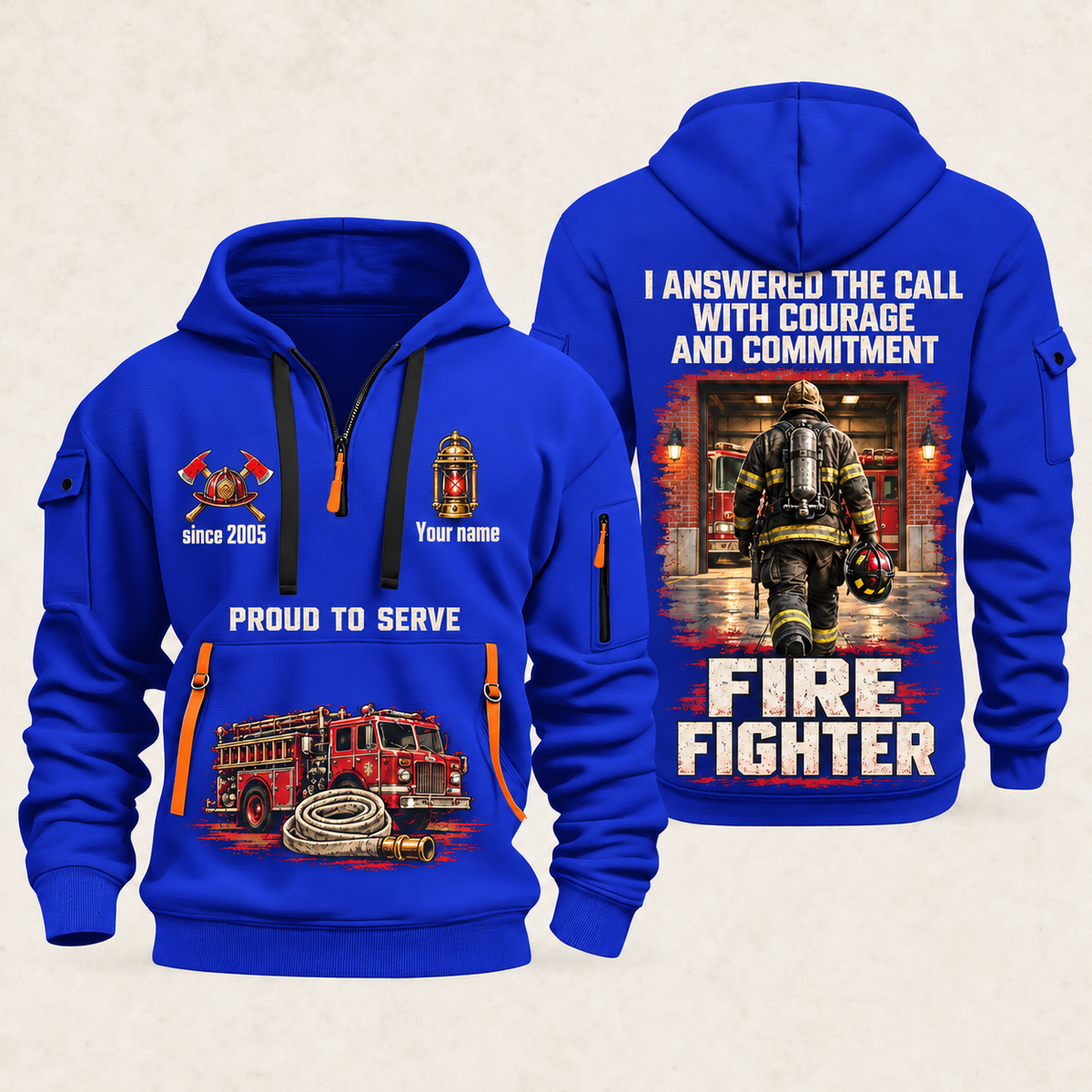 Fire Fighter Walked the Station Floor quarter-zip hoodie in Blue, front and back, Your name and since 2005 artwork