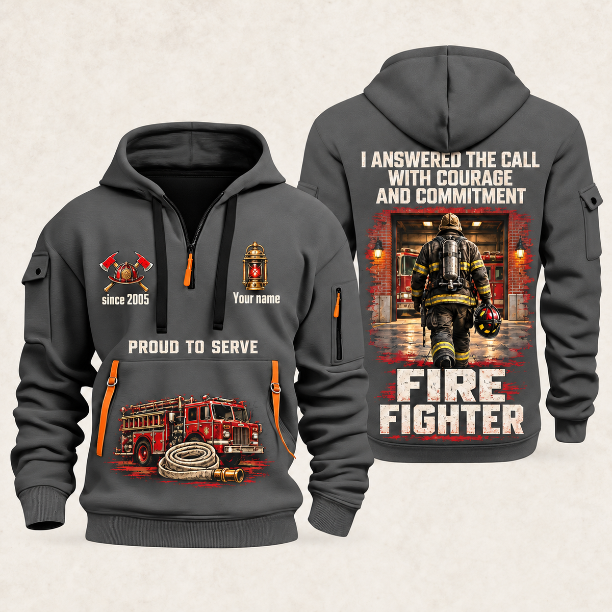 Fire Fighter Walked the Station Floor quarter-zip hoodie in Gray, front and back, Your name and since 2005 artwork