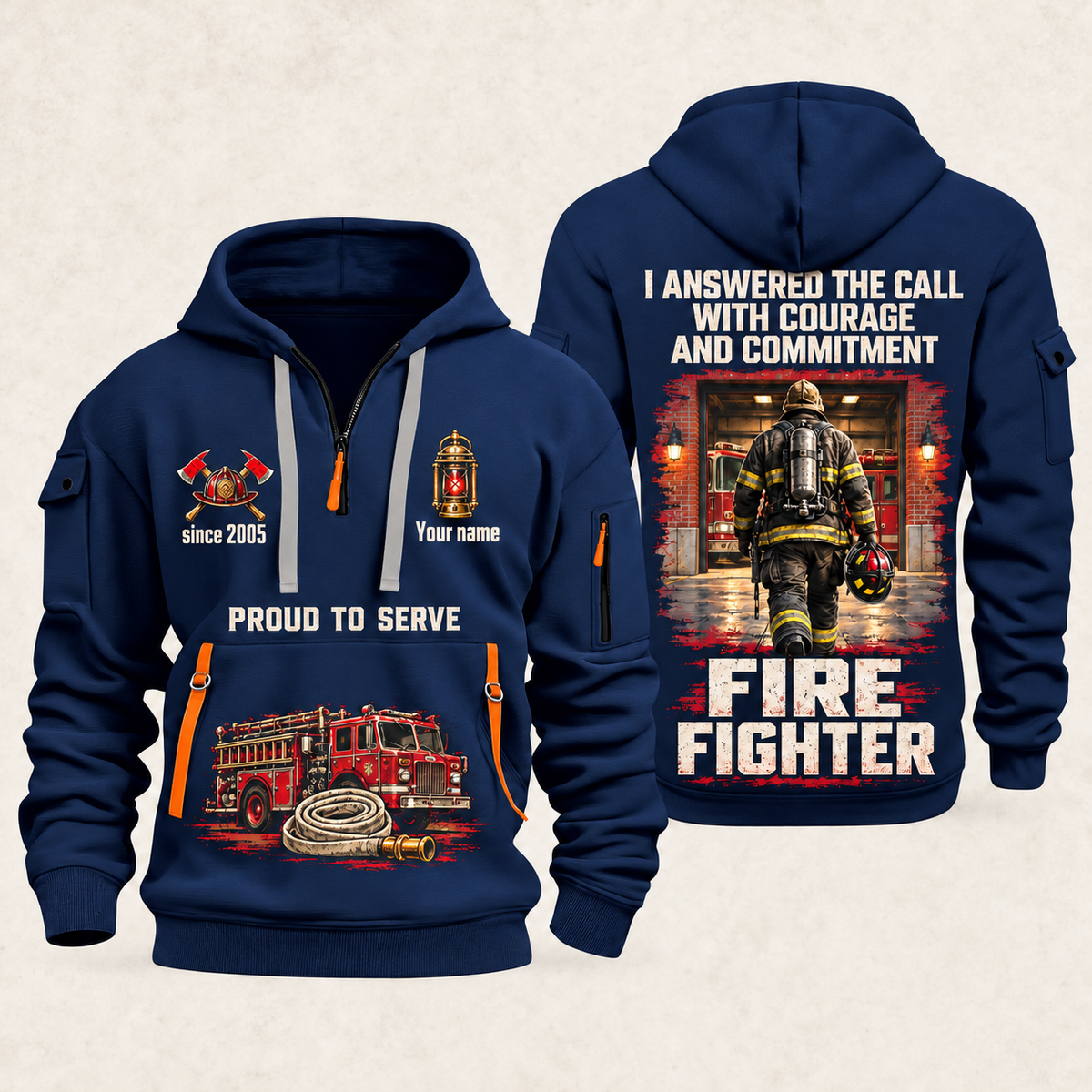 Fire Fighter Walked the Station Floor quarter-zip hoodie in Navy, front and back, Your name and since 2005 artwork