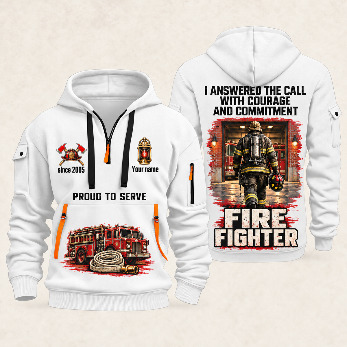 Fire Fighter Walked the Station Floor quarter-zip hoodie in White, front and back, Your name and since 2005 artwork
