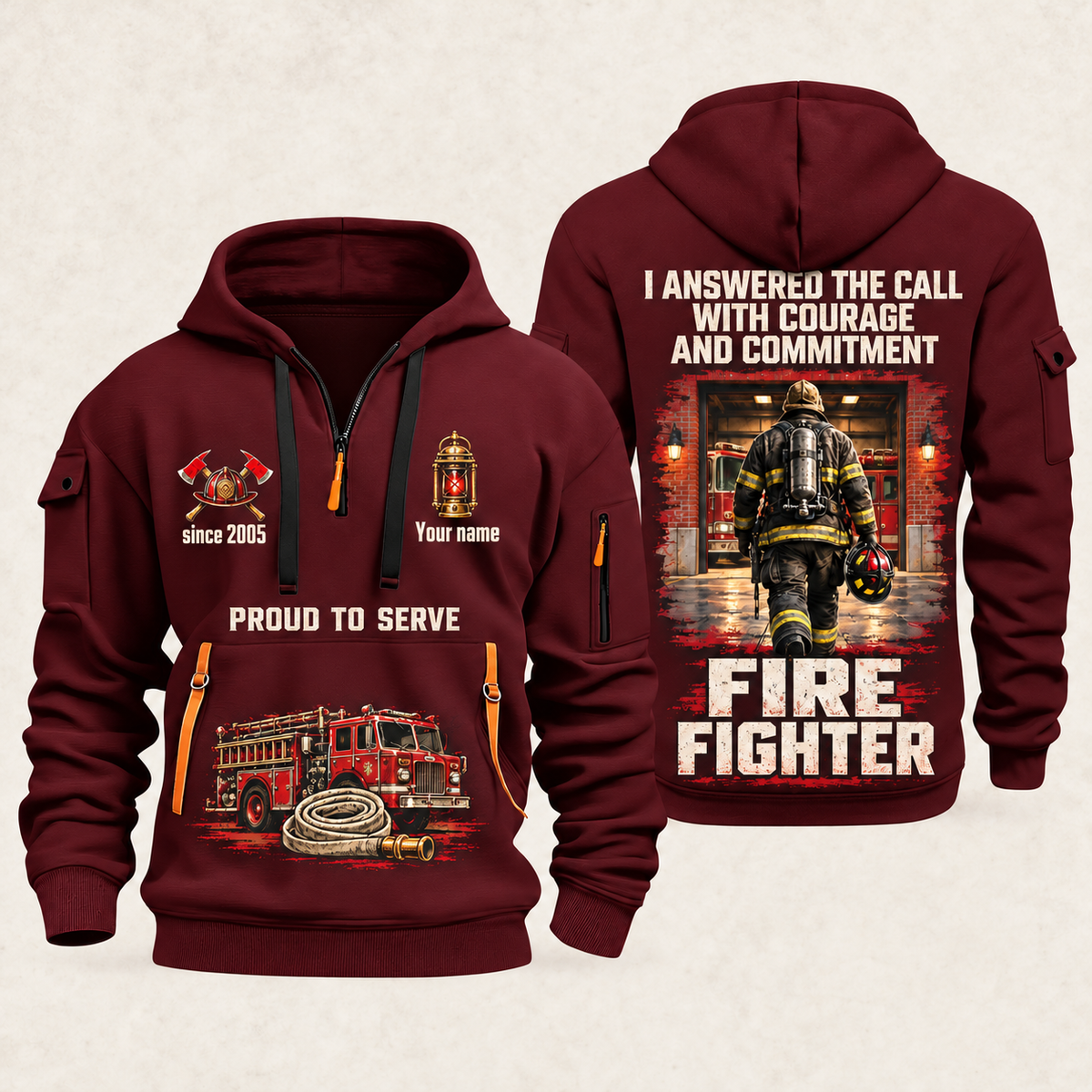 Fire Fighter Walked the Station Floor quarter-zip hoodie in Wine Red, front and back, Your name and since 2005 artwork