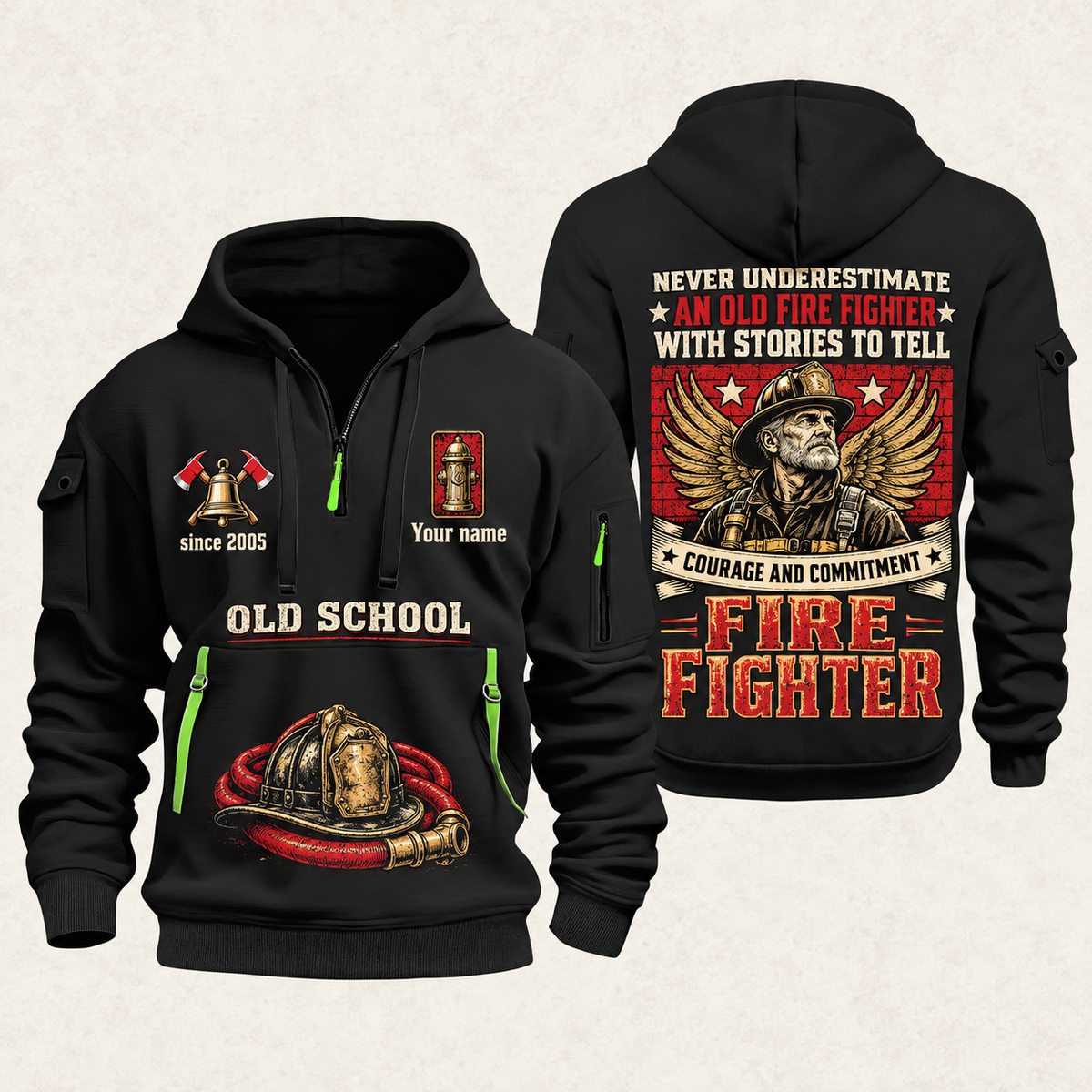 Fire Fighter Old School Fire Fighter quarter-zip hoodie in Black, front and back, Your name and since 2005 artwork