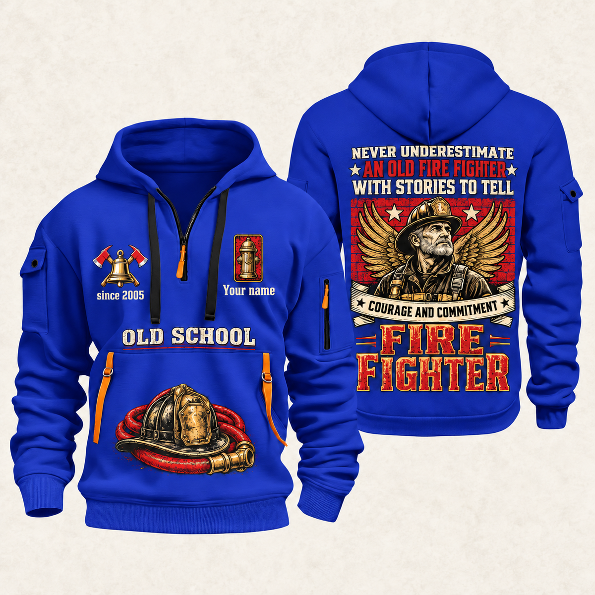 Fire Fighter Old School Fire Fighter quarter-zip hoodie in Blue, front and back, Your name and since 2005 artwork