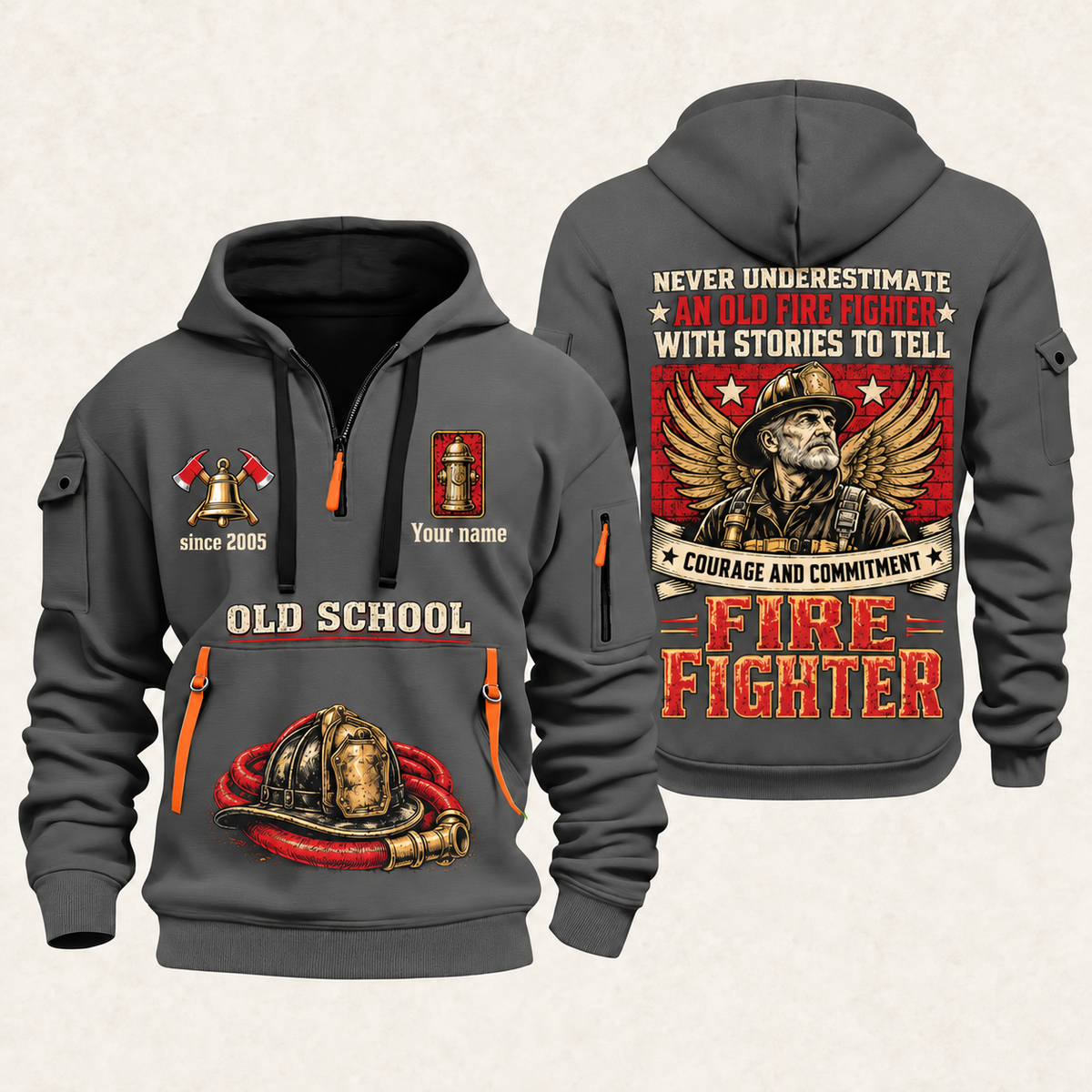 Fire Fighter Old School Fire Fighter quarter-zip hoodie in Gray, front and back, Your name and since 2005 artwork