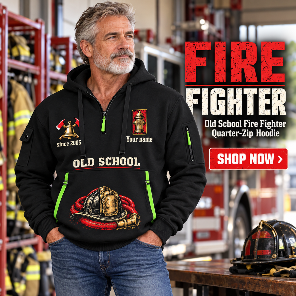 Fire Fighter wearing Old School Fire Fighter quarter-zip hoodie in their workplace; product introduction and shopping call to action