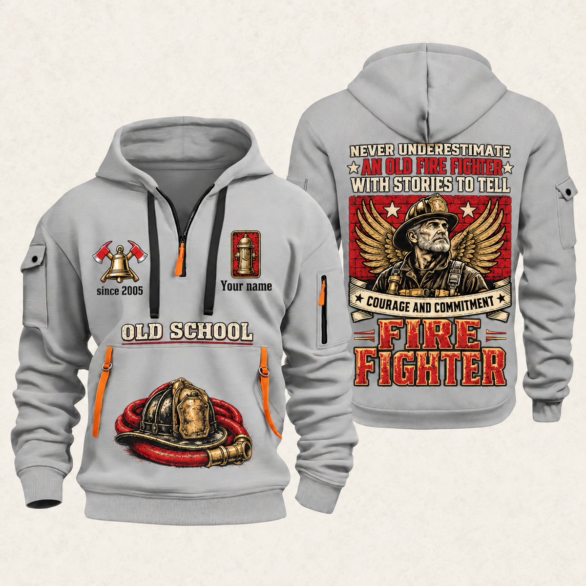 Fire Fighter Old School Fire Fighter quarter-zip hoodie in Light Grey, front and back, Your name and since 2005 artwork