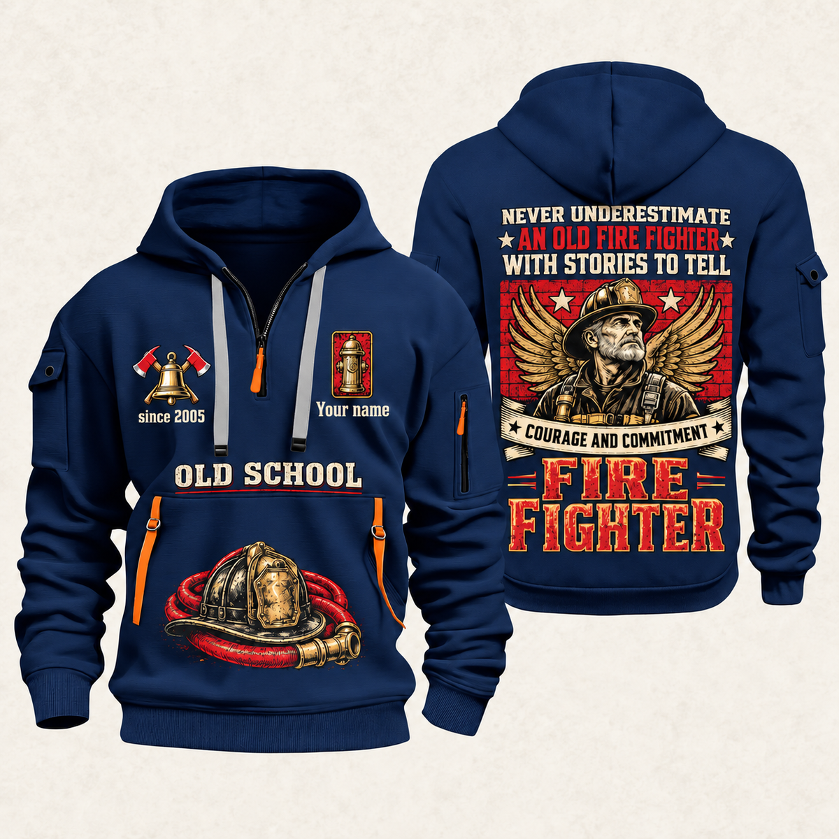 Fire Fighter Old School Fire Fighter quarter-zip hoodie in Navy, front and back, Your name and since 2005 artwork
