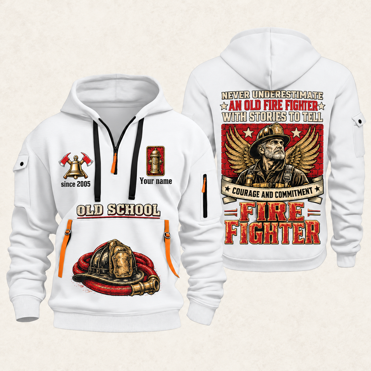 Fire Fighter Old School Fire Fighter quarter-zip hoodie in White, front and back, Your name and since 2005 artwork