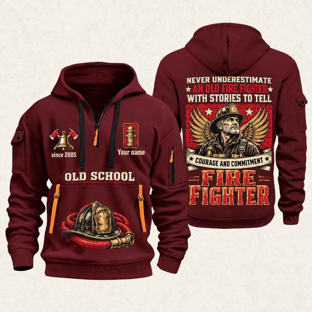Fire Fighter Old School Fire Fighter quarter-zip hoodie in Wine Red, front and back, Your name and since 2005 artwork