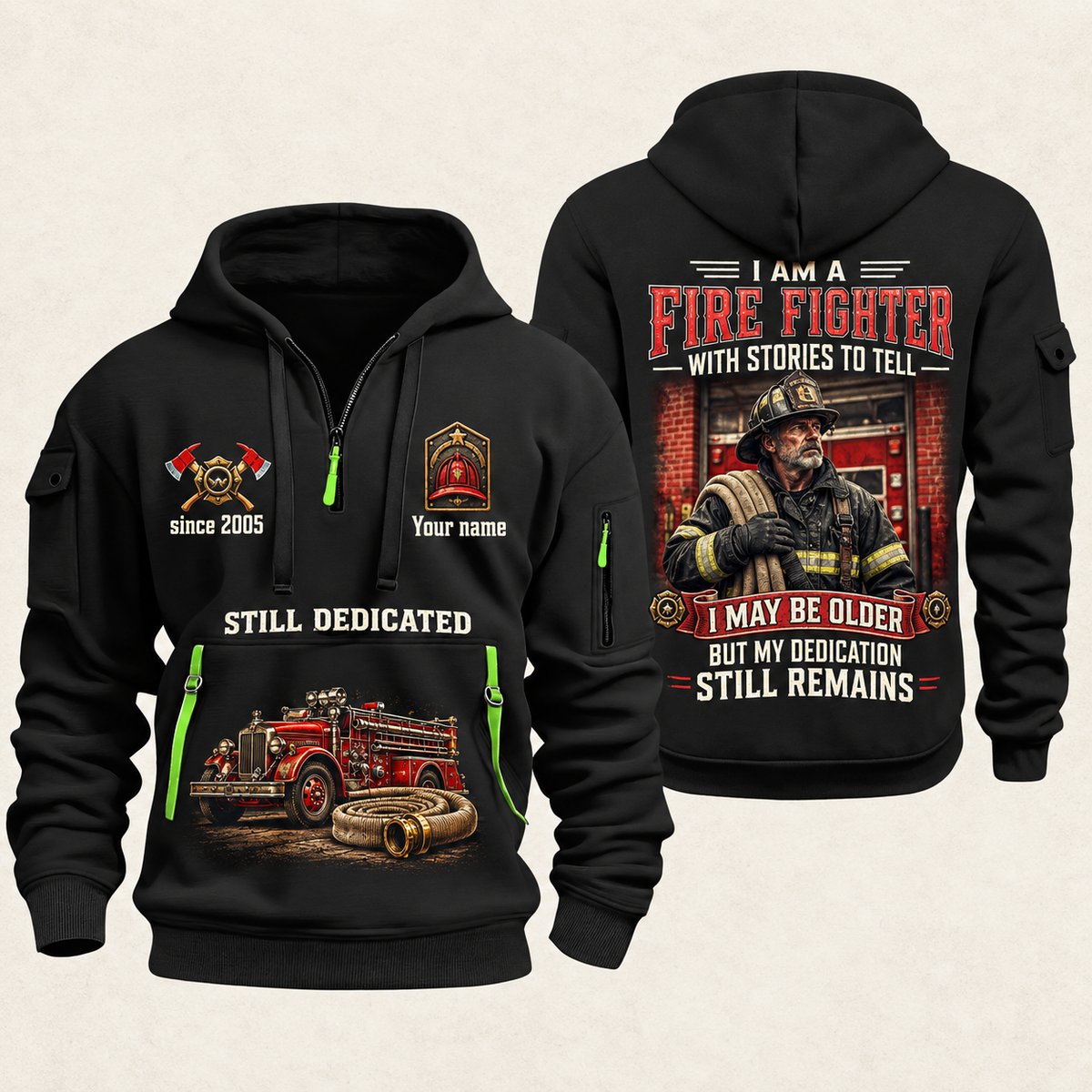 Fire Fighter Dedication Remains quarter-zip hoodie in Black, front and back, Your name and since 2005 artwork