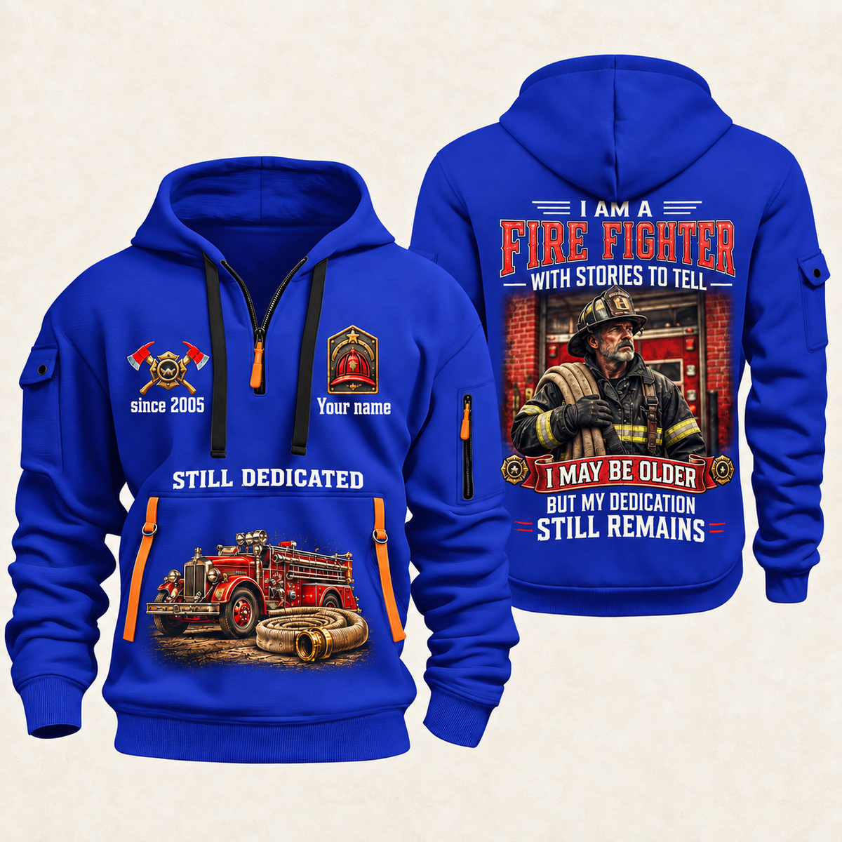 Fire Fighter Dedication Remains quarter-zip hoodie in Blue, front and back, Your name and since 2005 artwork