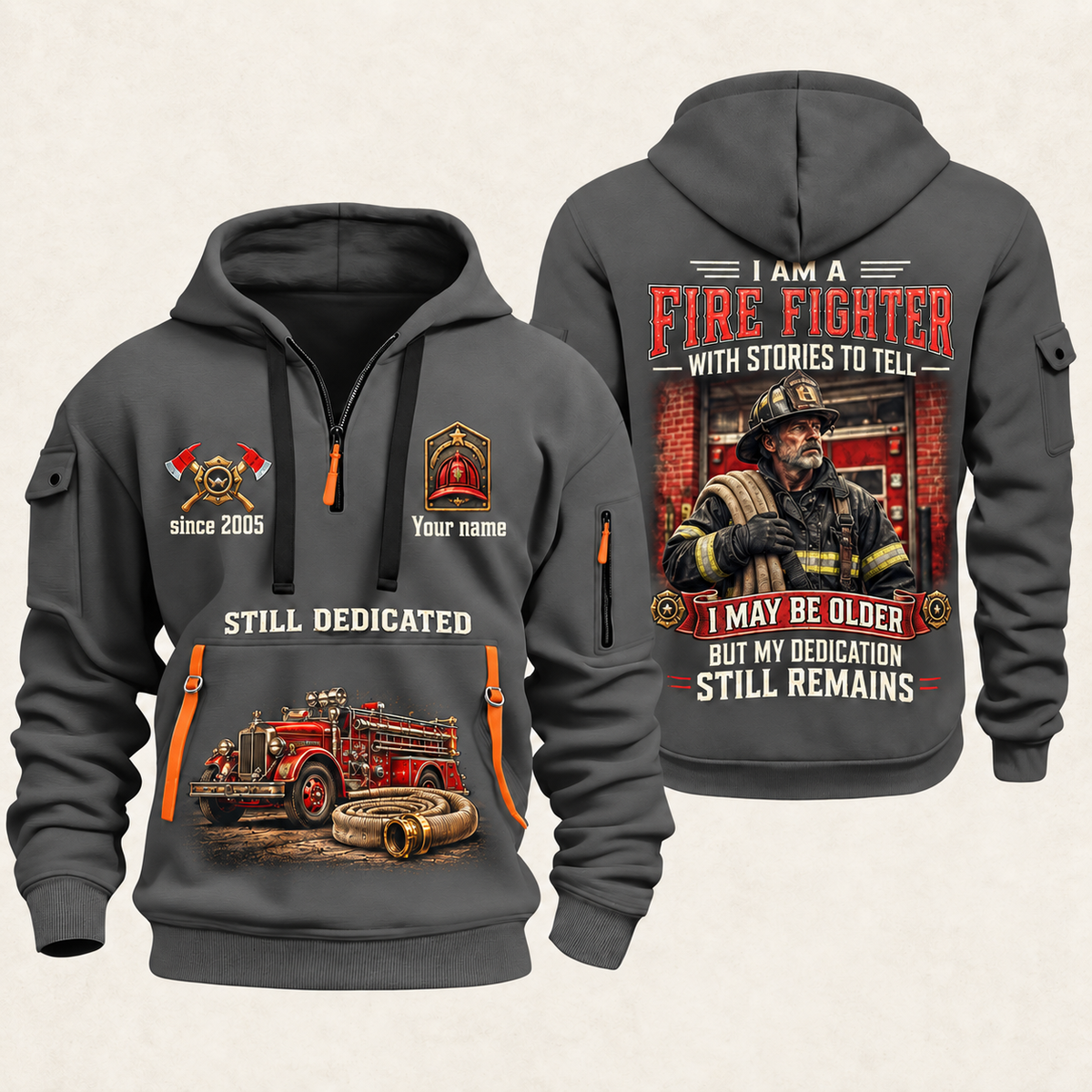 Fire Fighter Dedication Remains quarter-zip hoodie in Gray, front and back, Your name and since 2005 artwork