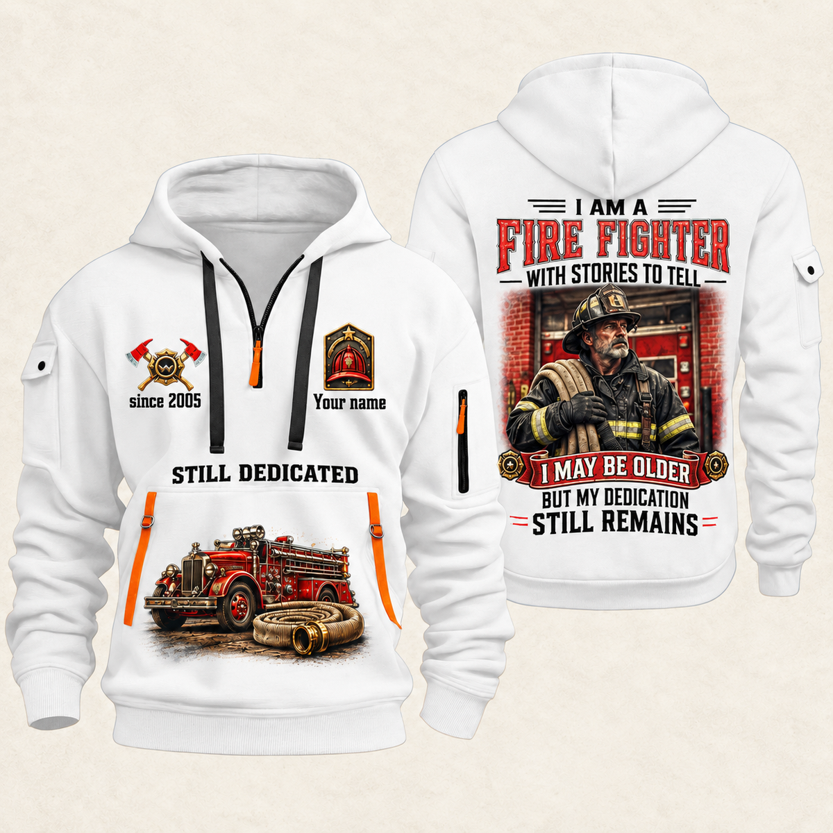 Fire Fighter Dedication Remains quarter-zip hoodie in White, front and back, Your name and since 2005 artwork