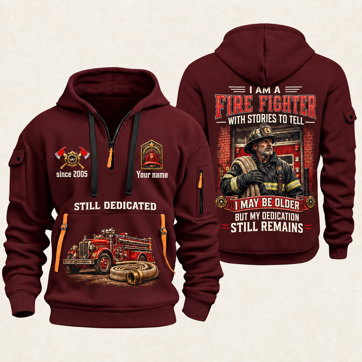Fire Fighter Dedication Remains quarter-zip hoodie in Wine Red, front and back, Your name and since 2005 artwork