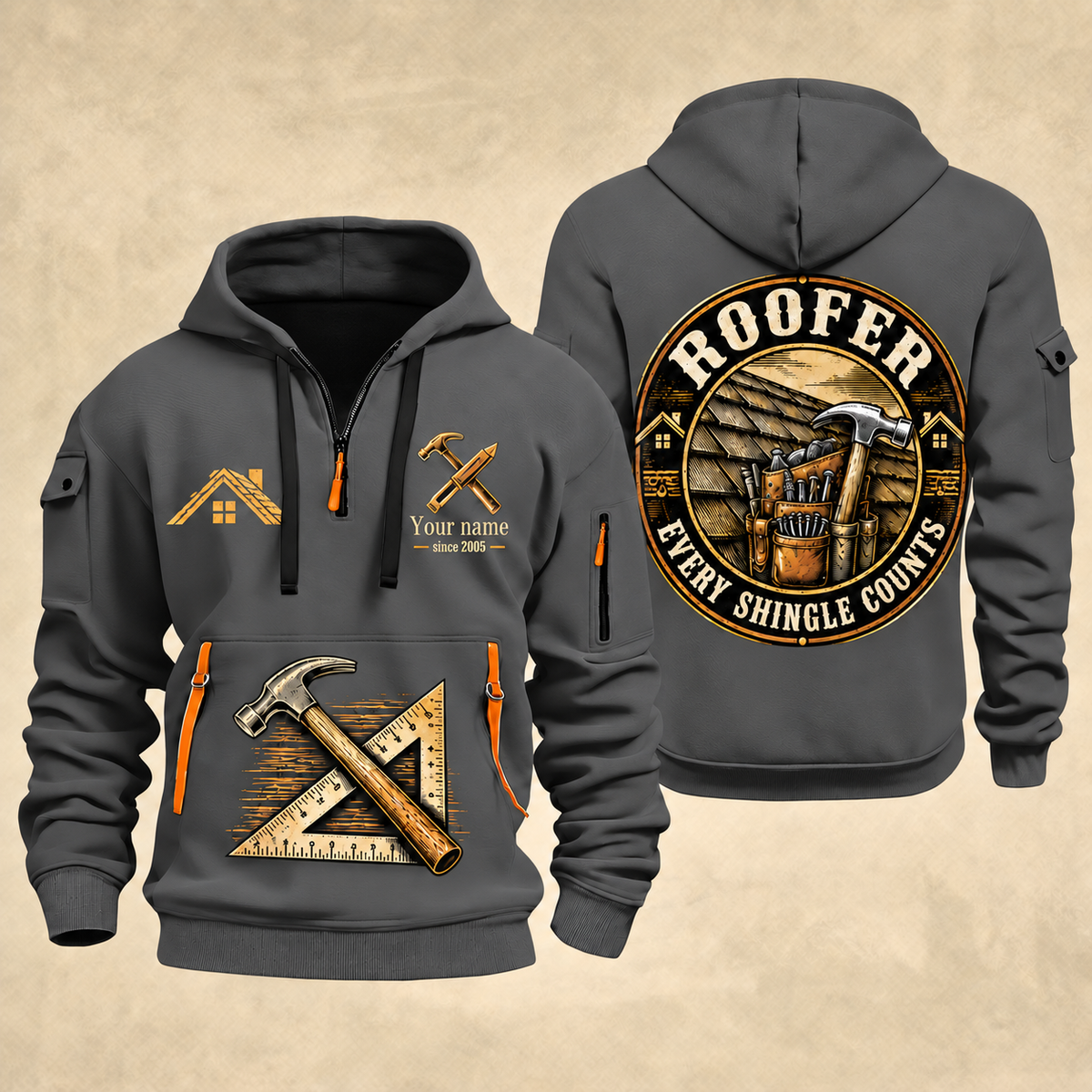 Roofer Every Shingle Counts quarter-zip hoodie in Gray, front and back, Your name and since 2005 artwork