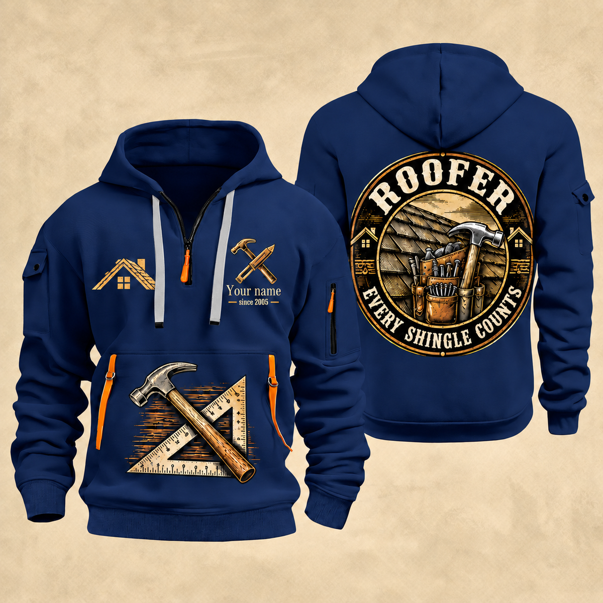 Roofer Every Shingle Counts quarter-zip hoodie in Navy, front and back, Your name and since 2005 artwork