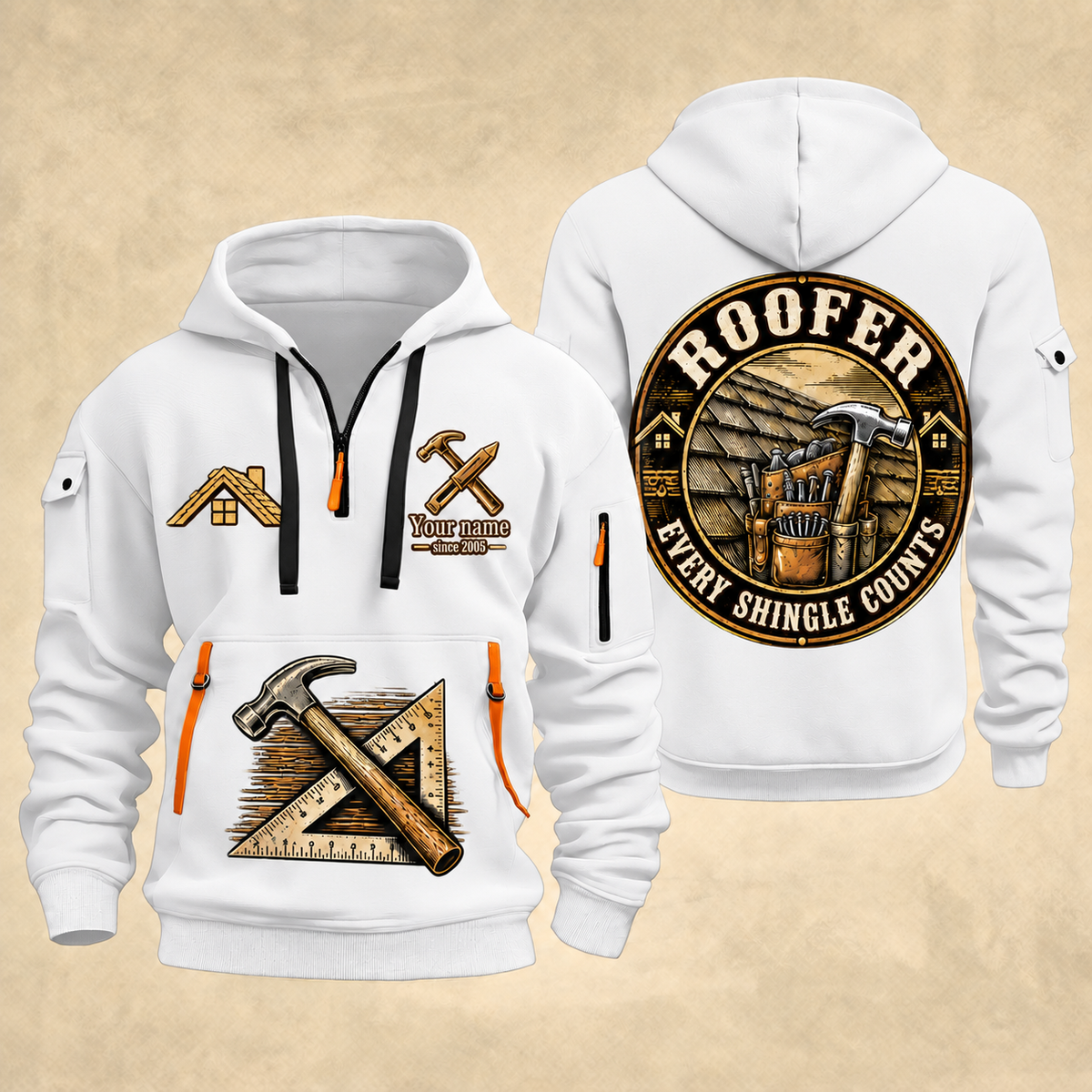 Roofer Every Shingle Counts quarter-zip hoodie in White, front and back, Your name and since 2005 artwork