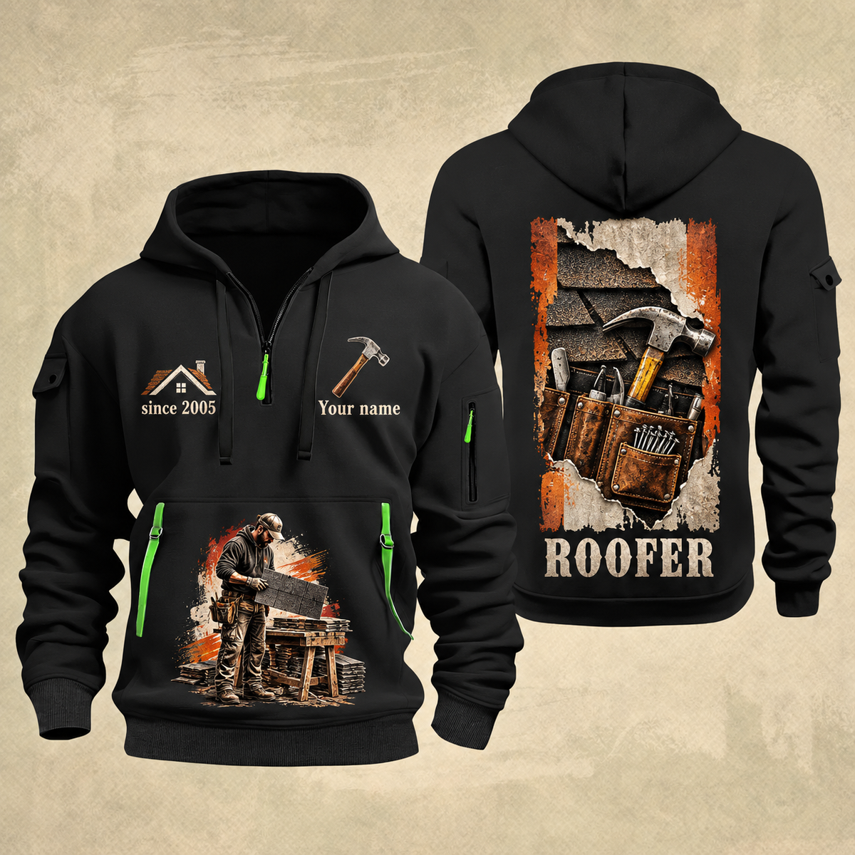 Roofer Roofing Craft Torn Poster quarter-zip hoodie in Black, front and back, Your name and since 2005 artwork