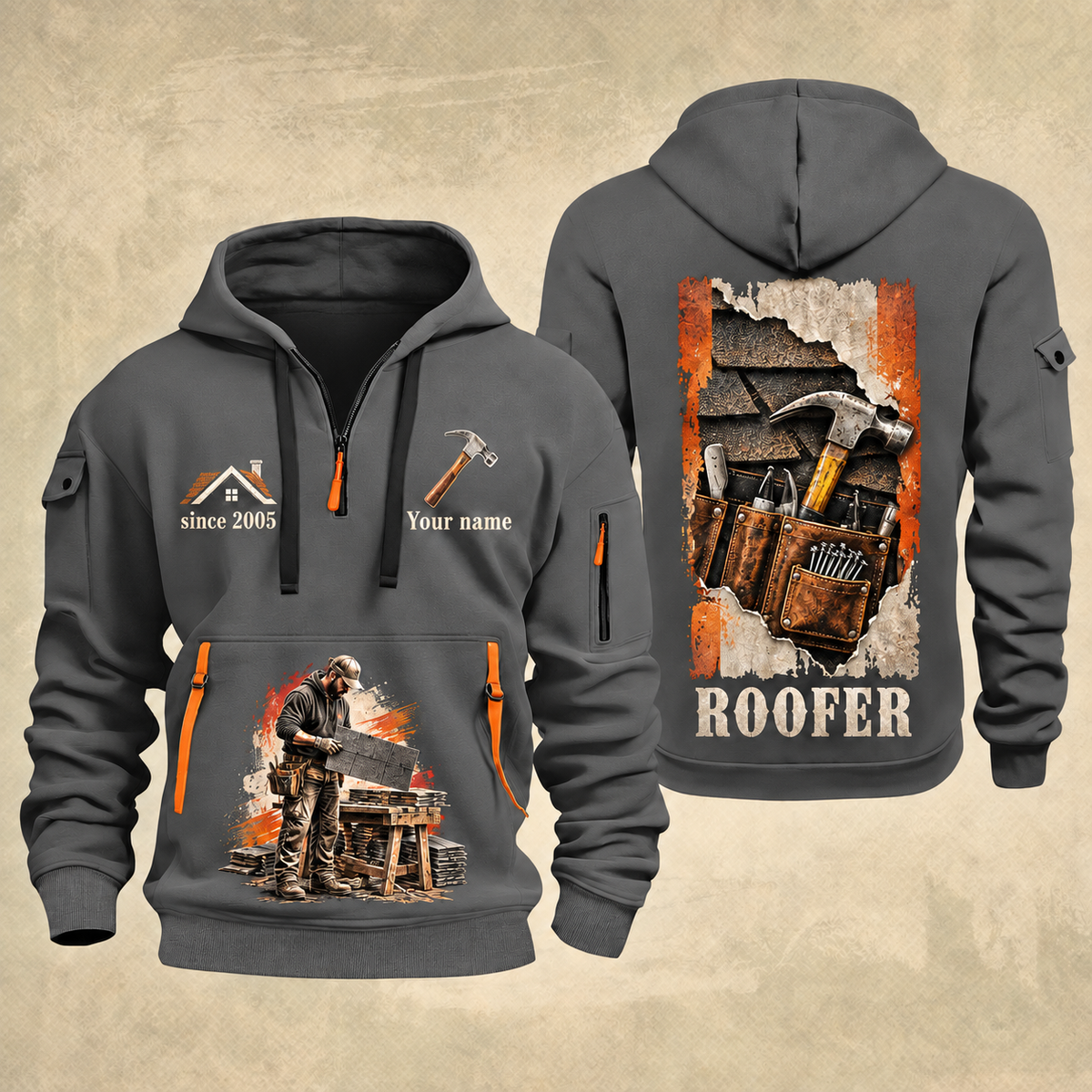 Roofer Roofing Craft Torn Poster quarter-zip hoodie in Gray, front and back, Your name and since 2005 artwork