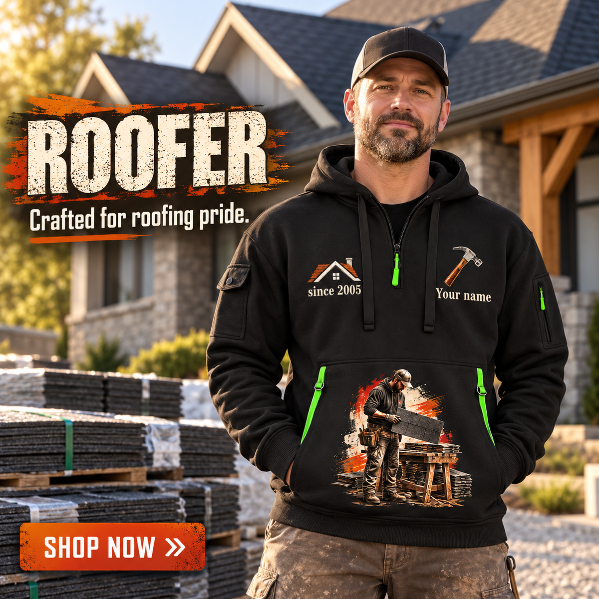 Roofer wearing Roofing Craft Torn Poster quarter-zip hoodie in their workplace; product introduction and shopping call to action