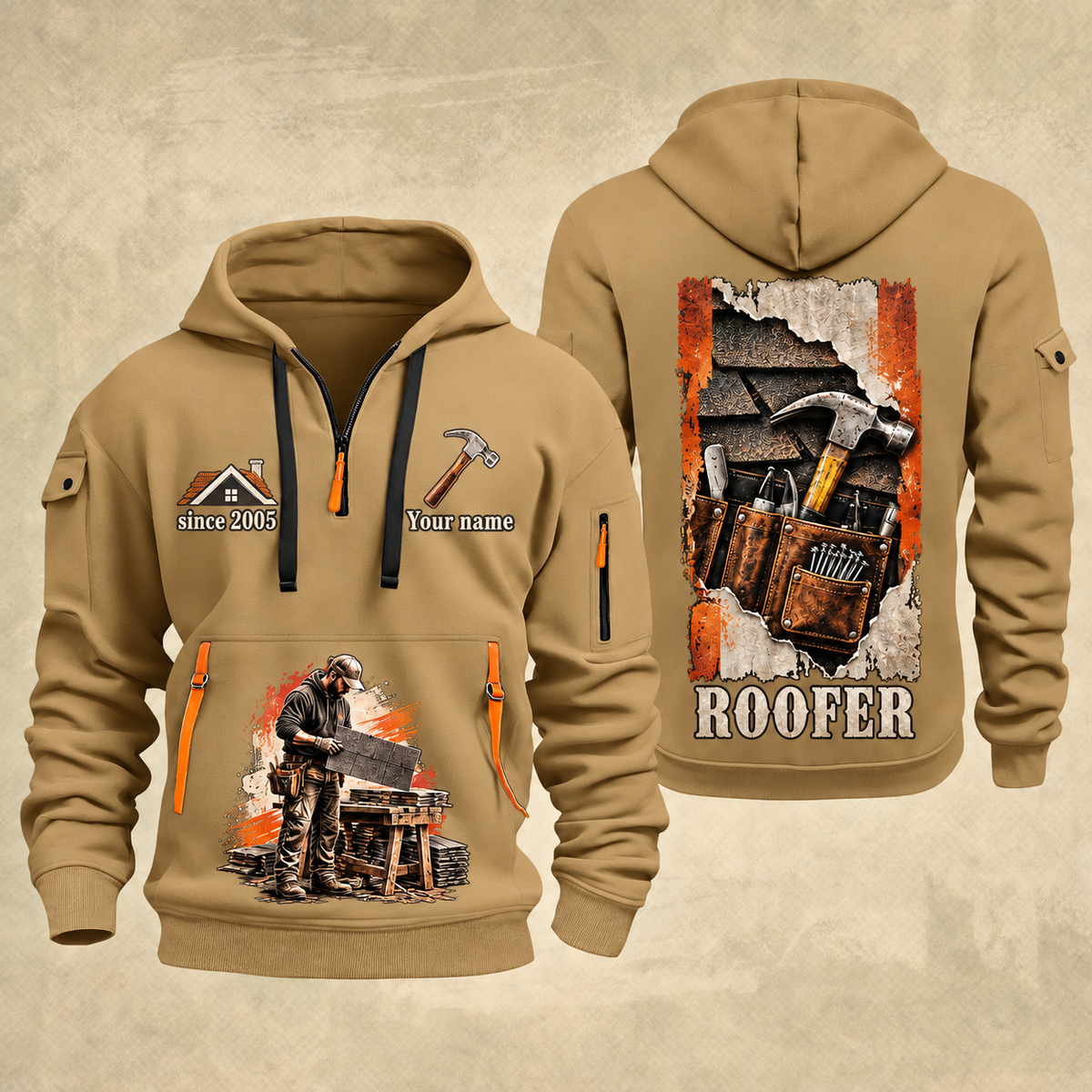 Roofer Roofing Craft Torn Poster quarter-zip hoodie in Khaki, front and back, Your name and since 2005 artwork