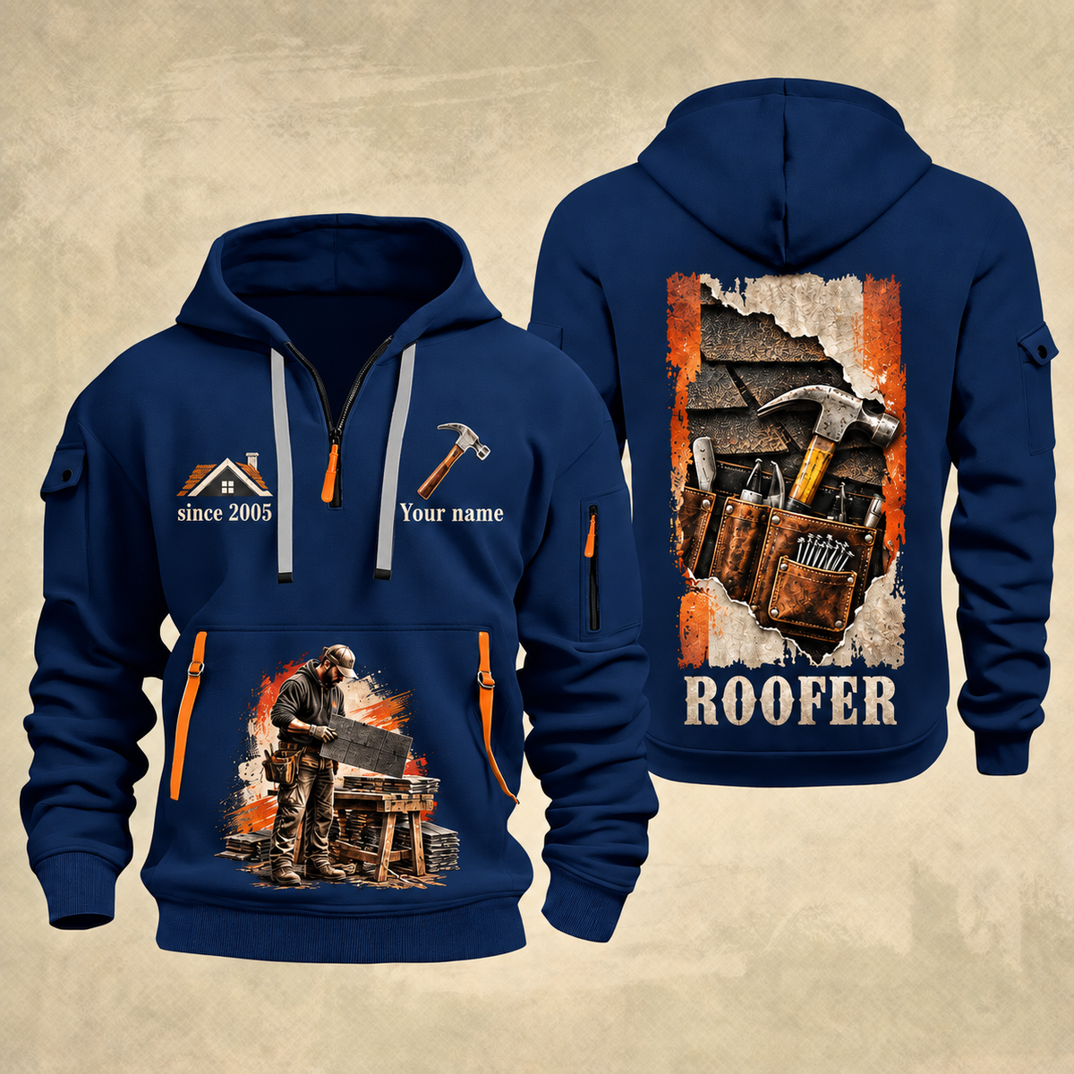 Roofer Roofing Craft Torn Poster quarter-zip hoodie in Navy, front and back, Your name and since 2005 artwork