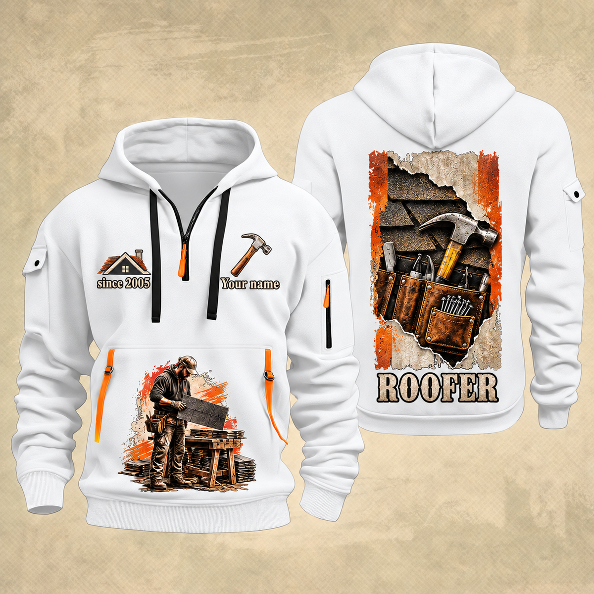 Roofer Roofing Craft Torn Poster quarter-zip hoodie in White, front and back, Your name and since 2005 artwork