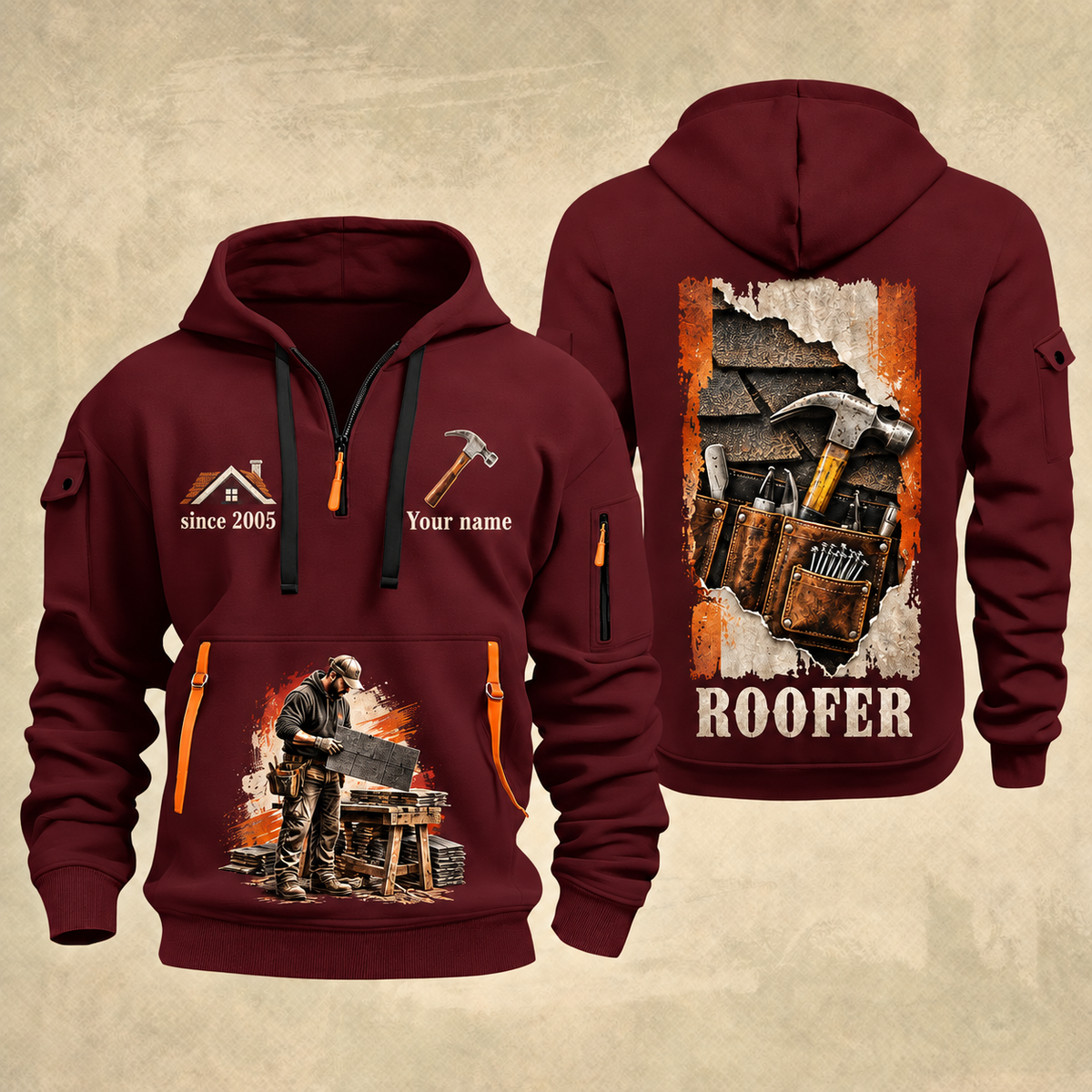 Roofer Roofing Craft Torn Poster quarter-zip hoodie in Wine Red, front and back, Your name and since 2005 artwork