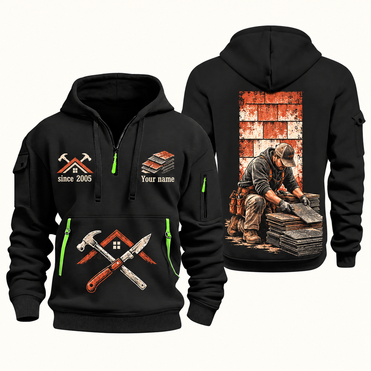Roofer Shingle Craft quarter-zip hoodie in Black, front and back, Your name and since 2005 artwork