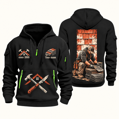 Roofer Shingle Craft quarter-zip hoodie in Black, front and back, Your name and since 2005 artwork