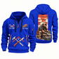 Roofer Shingle Craft quarter-zip hoodie in Blue, front and back, Your name and since 2005 artwork