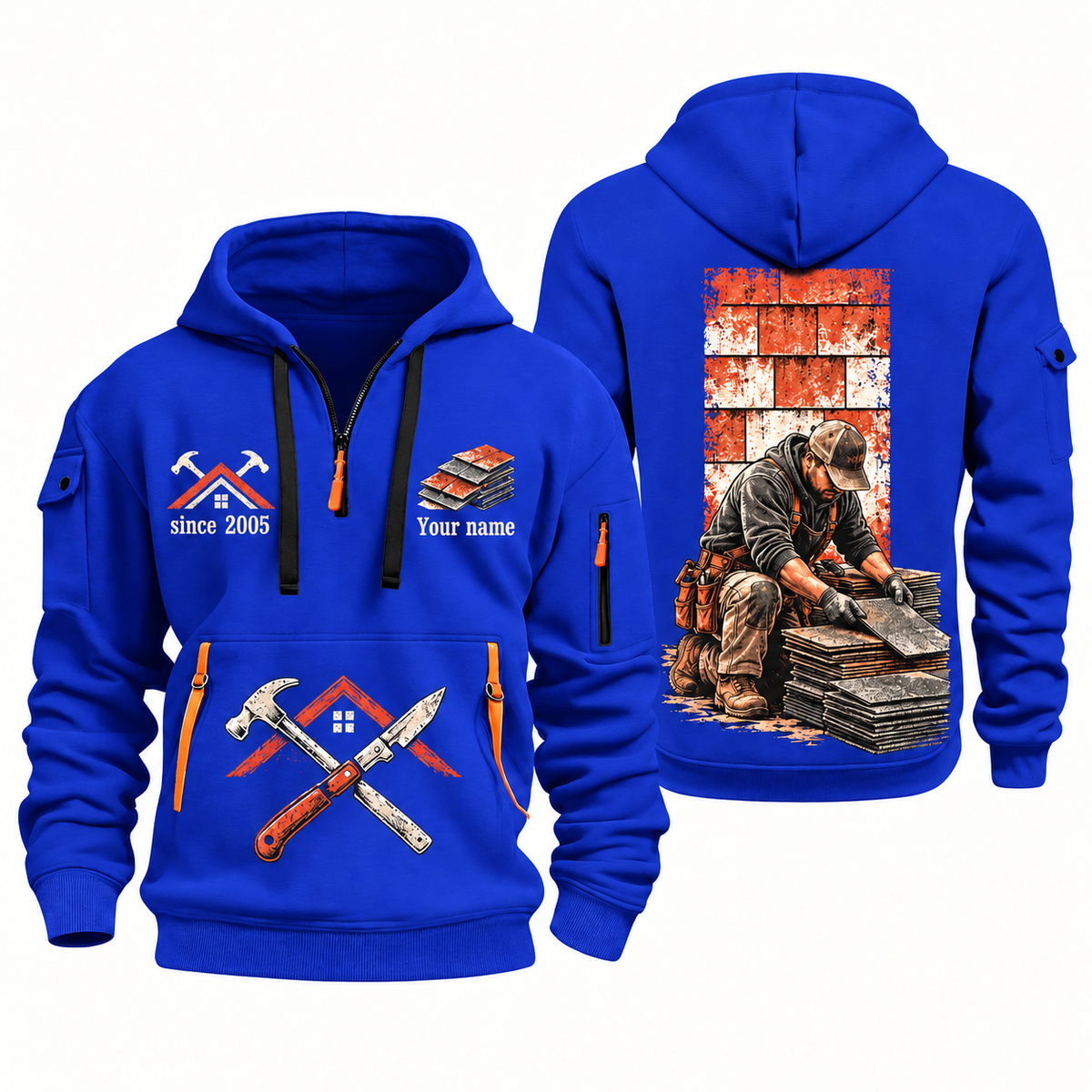 Roofer Shingle Craft quarter-zip hoodie in Blue, front and back, Your name and since 2005 artwork