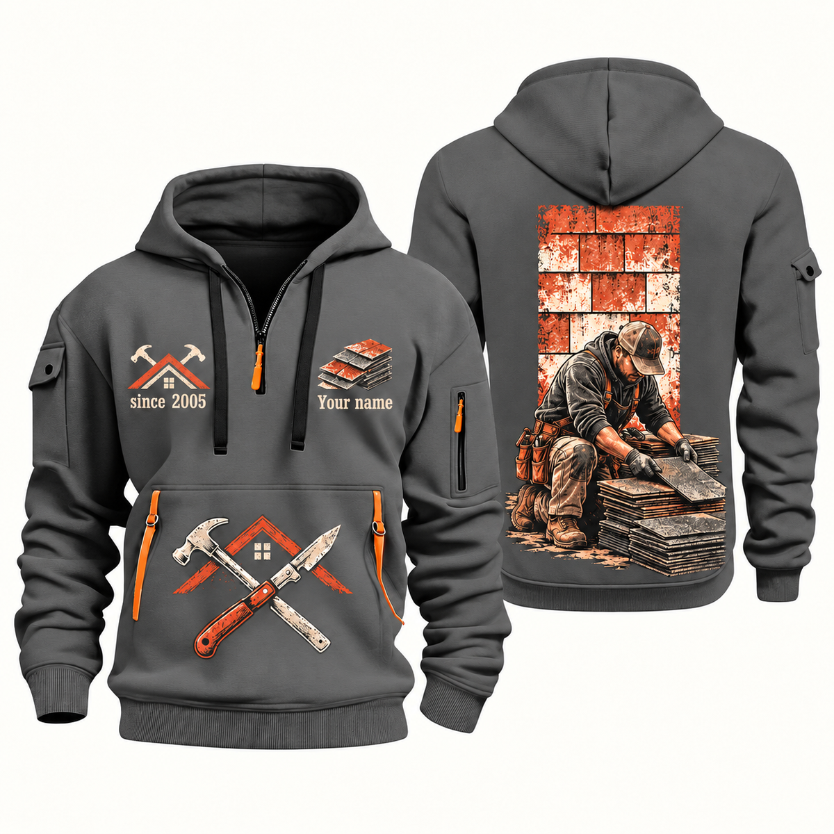 Roofer Shingle Craft quarter-zip hoodie in Gray, front and back, Your name and since 2005 artwork