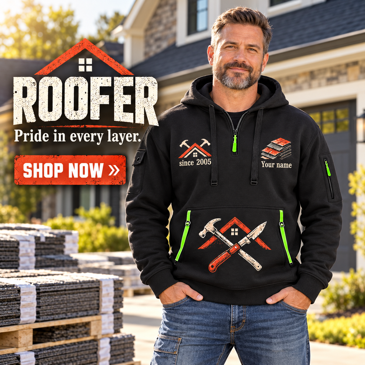 Roofer wearing Shingle Craft quarter-zip hoodie in their workplace; product introduction and shopping call to action
