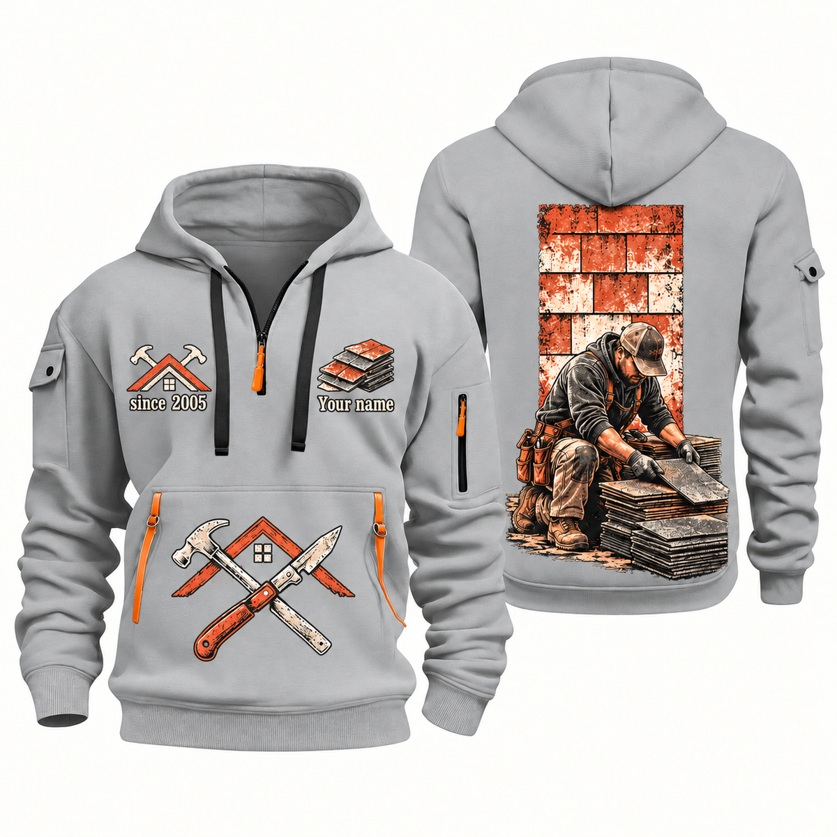 Roofer Shingle Craft quarter-zip hoodie in Light Grey, front and back, Your name and since 2005 artwork