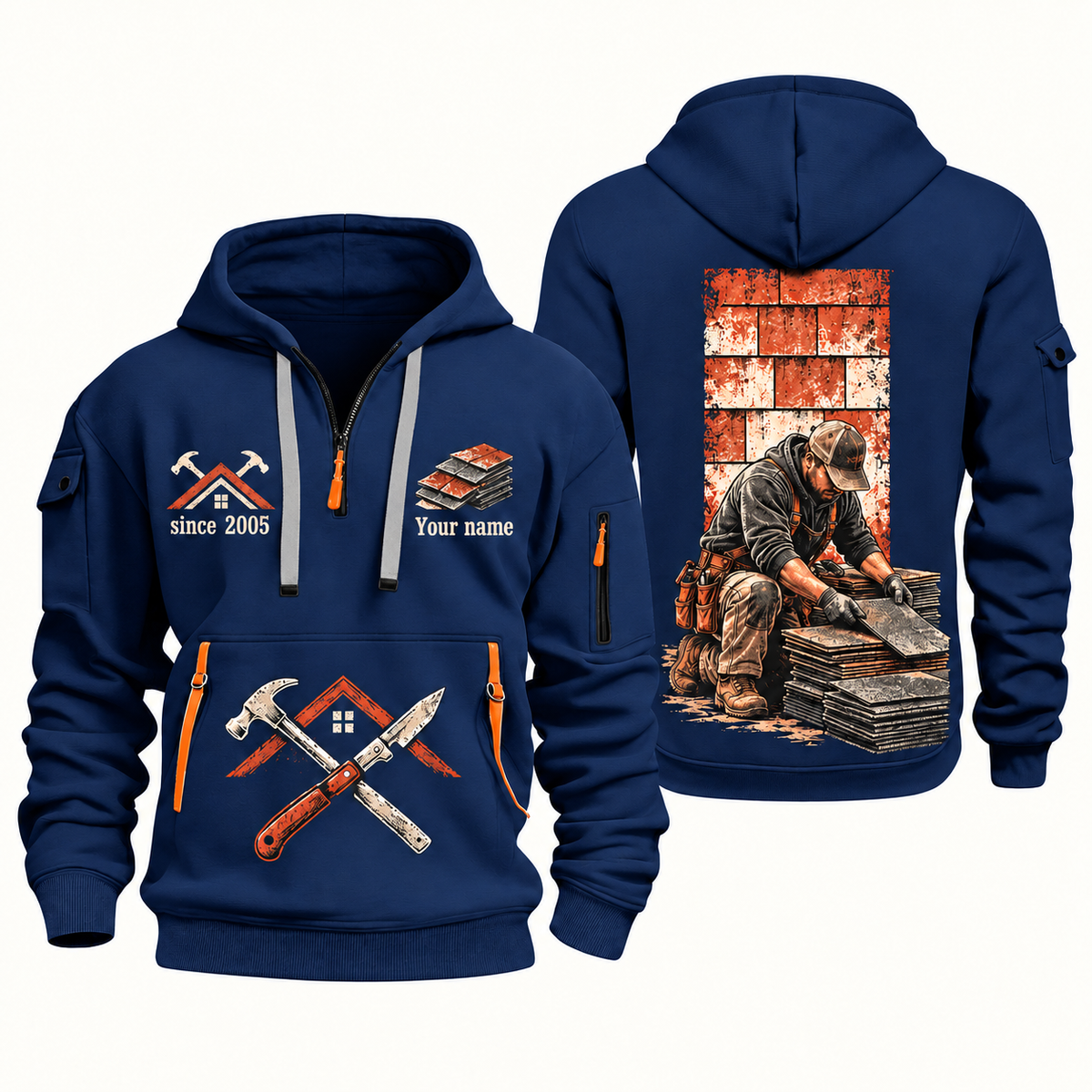 Roofer Shingle Craft quarter-zip hoodie in Navy, front and back, Your name and since 2005 artwork