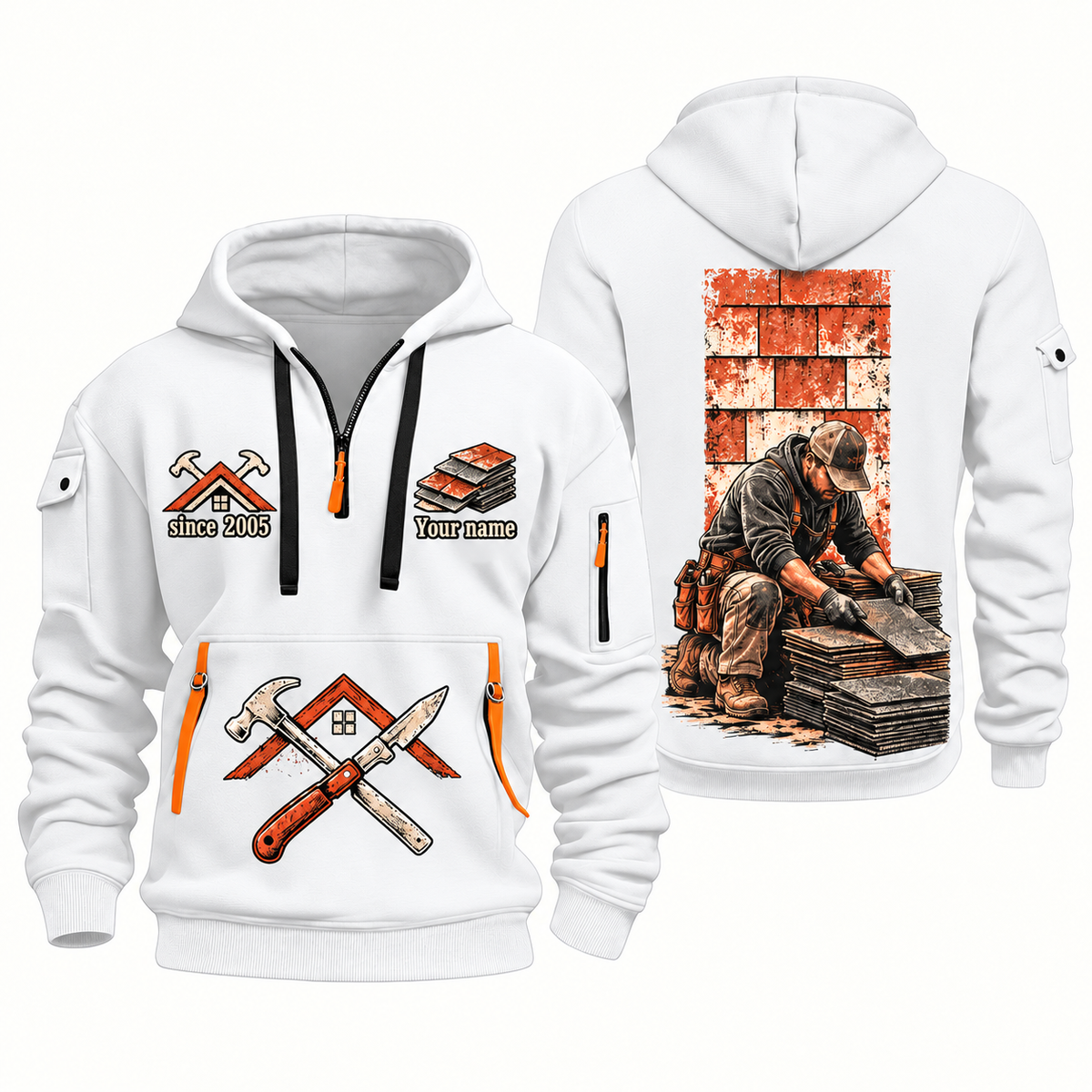 Roofer Shingle Craft quarter-zip hoodie in White, front and back, Your name and since 2005 artwork