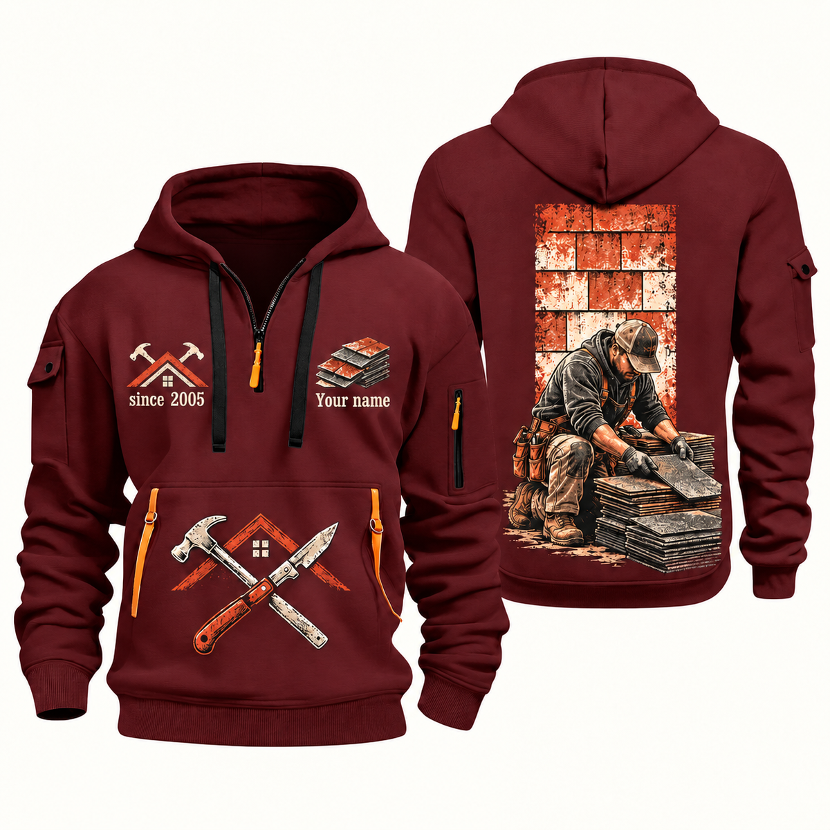 Roofer Shingle Craft quarter-zip hoodie in Wine Red, front and back, Your name and since 2005 artwork