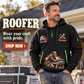 Roofer wearing Proud Craftsperson quarter-zip hoodie in their workplace; product introduction and shopping call to action