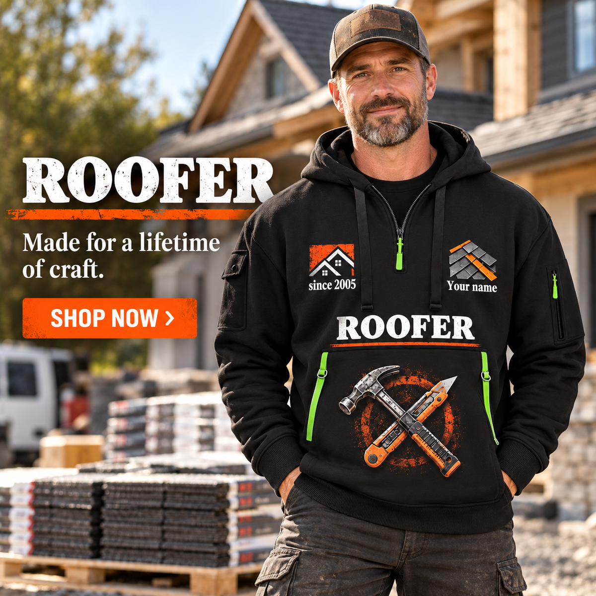 Roofer wearing Lifelong Craft quarter-zip hoodie in their workplace; product introduction and shopping call to action