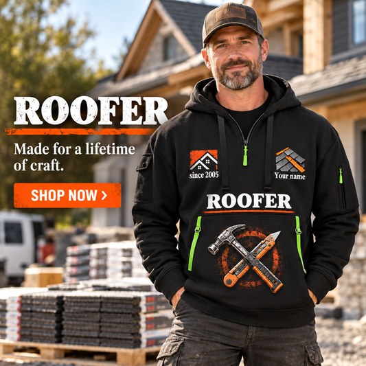 Roofer wearing Lifelong Craft quarter-zip hoodie in their workplace; product introduction and shopping call to action